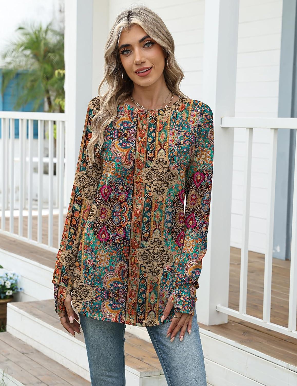 imageZeagoo Womens Casual Long Sleeve Shirts Crew Neck Round Hem Loose TShirts Tunic Tops with Thumb HolesBoho