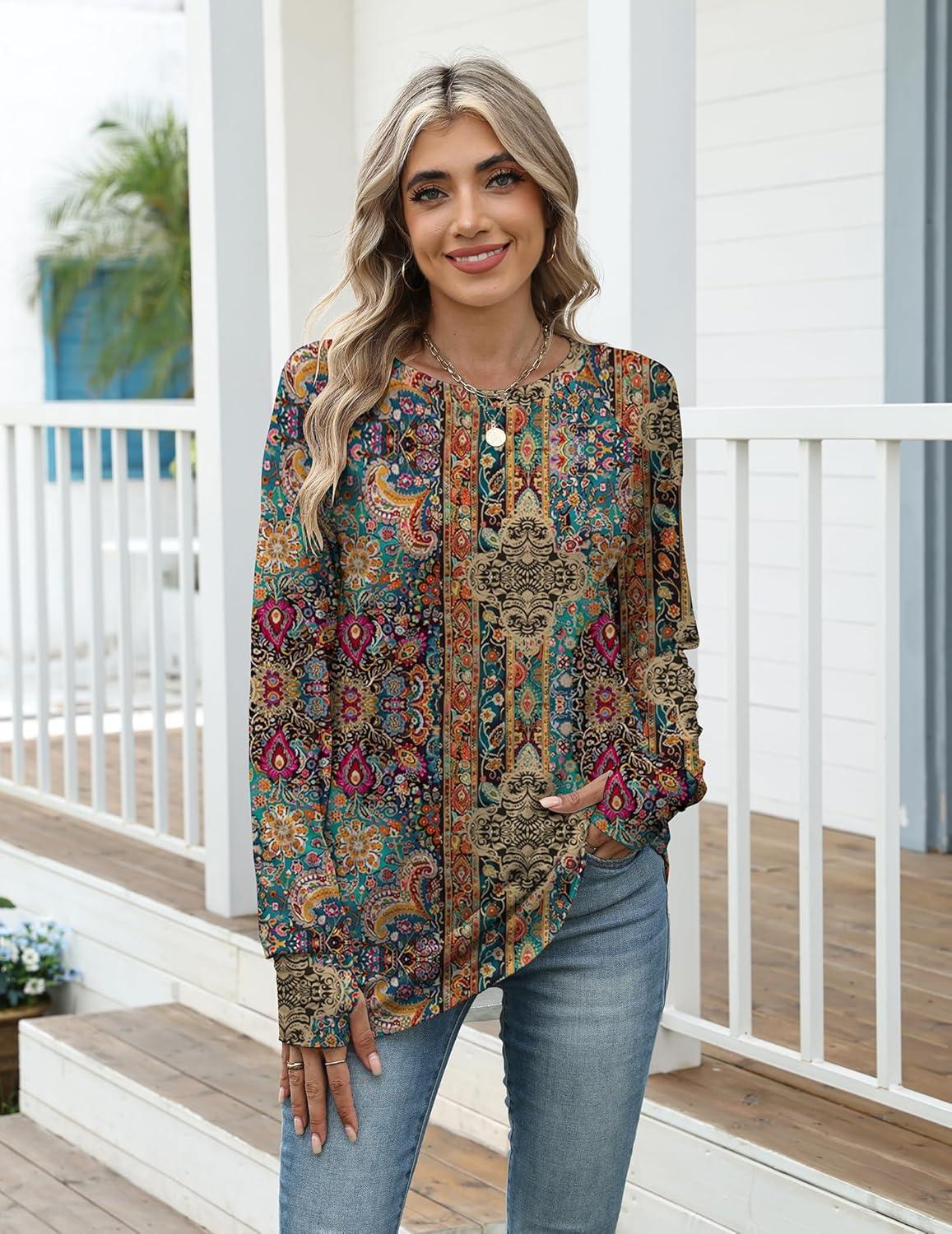 imageZeagoo Womens Casual Long Sleeve Shirts Crew Neck Round Hem Loose TShirts Tunic Tops with Thumb HolesBoho