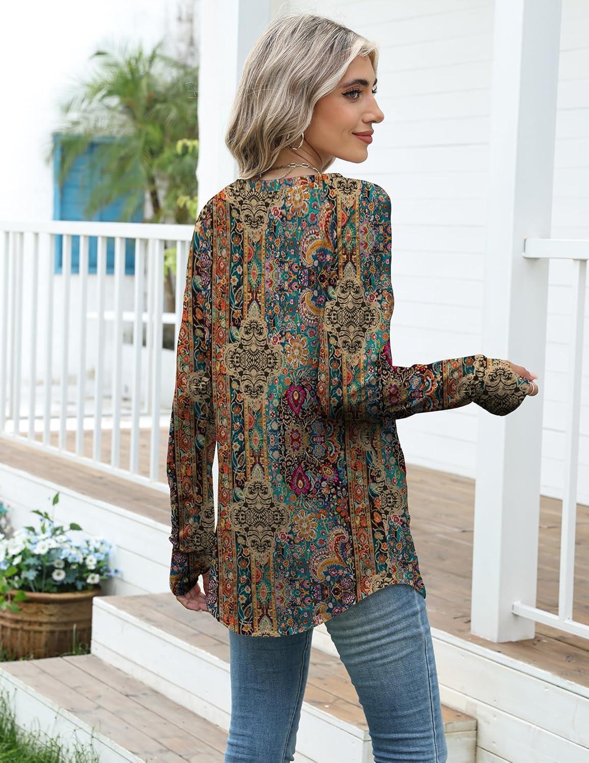 imageZeagoo Womens Casual Long Sleeve Shirts Crew Neck Round Hem Loose TShirts Tunic Tops with Thumb HolesBoho