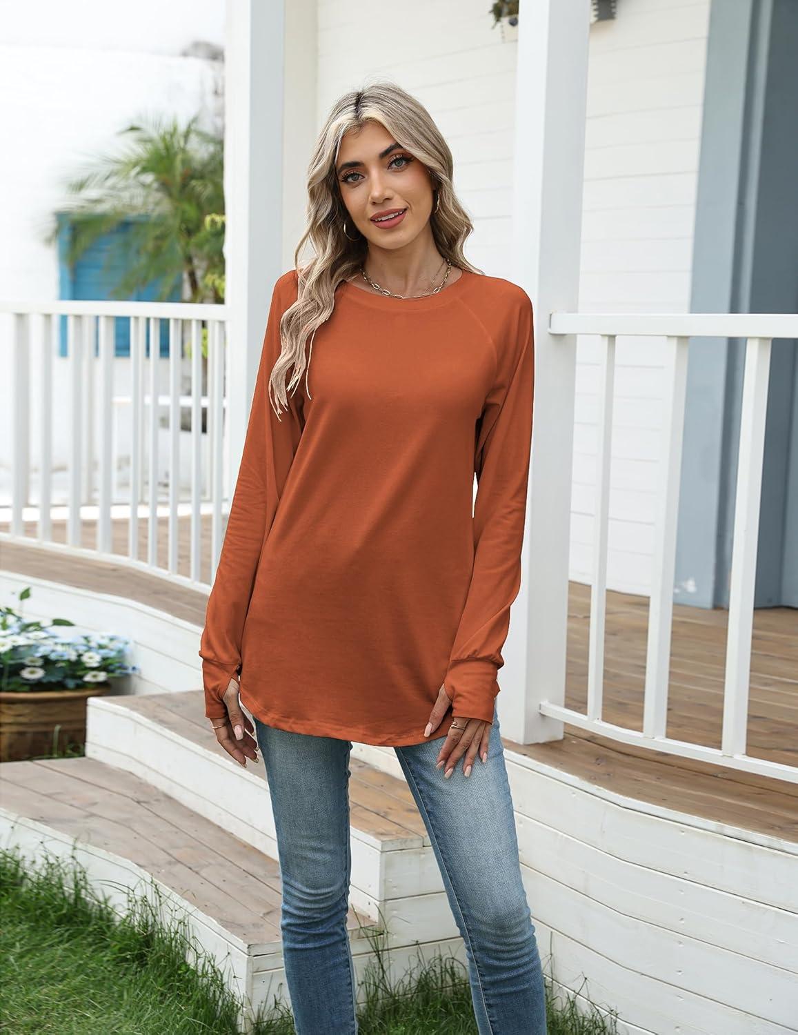 imageZeagoo Womens Casual Long Sleeve Shirts Crew Neck Round Hem Loose TShirts Tunic Tops with Thumb HolesCaramel