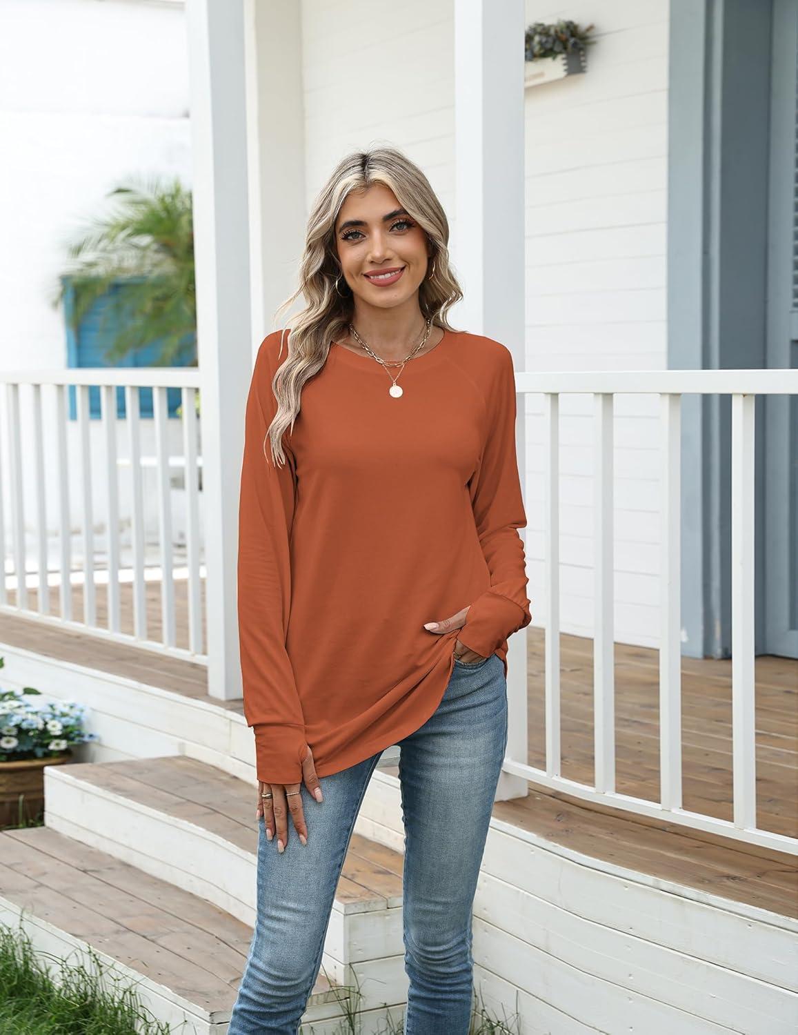 imageZeagoo Womens Casual Long Sleeve Shirts Crew Neck Round Hem Loose TShirts Tunic Tops with Thumb HolesCaramel