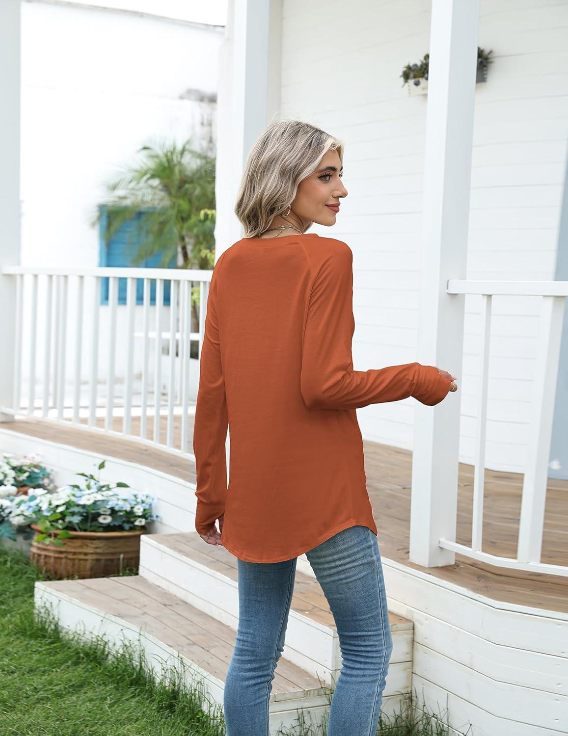 imageZeagoo Womens Casual Long Sleeve Shirts Crew Neck Round Hem Loose TShirts Tunic Tops with Thumb HolesCaramel