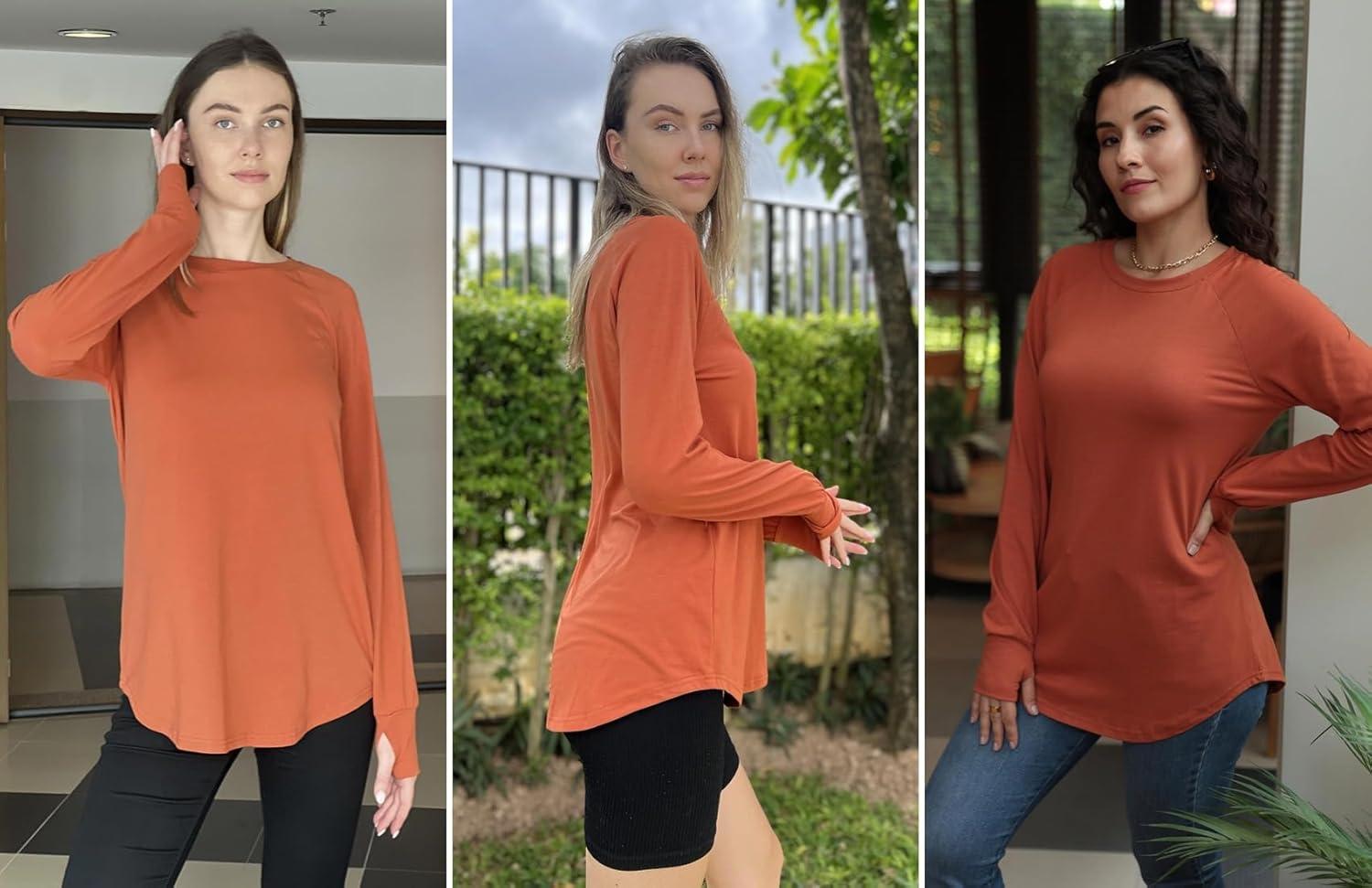 imageZeagoo Womens Casual Long Sleeve Shirts Crew Neck Round Hem Loose TShirts Tunic Tops with Thumb HolesCaramel