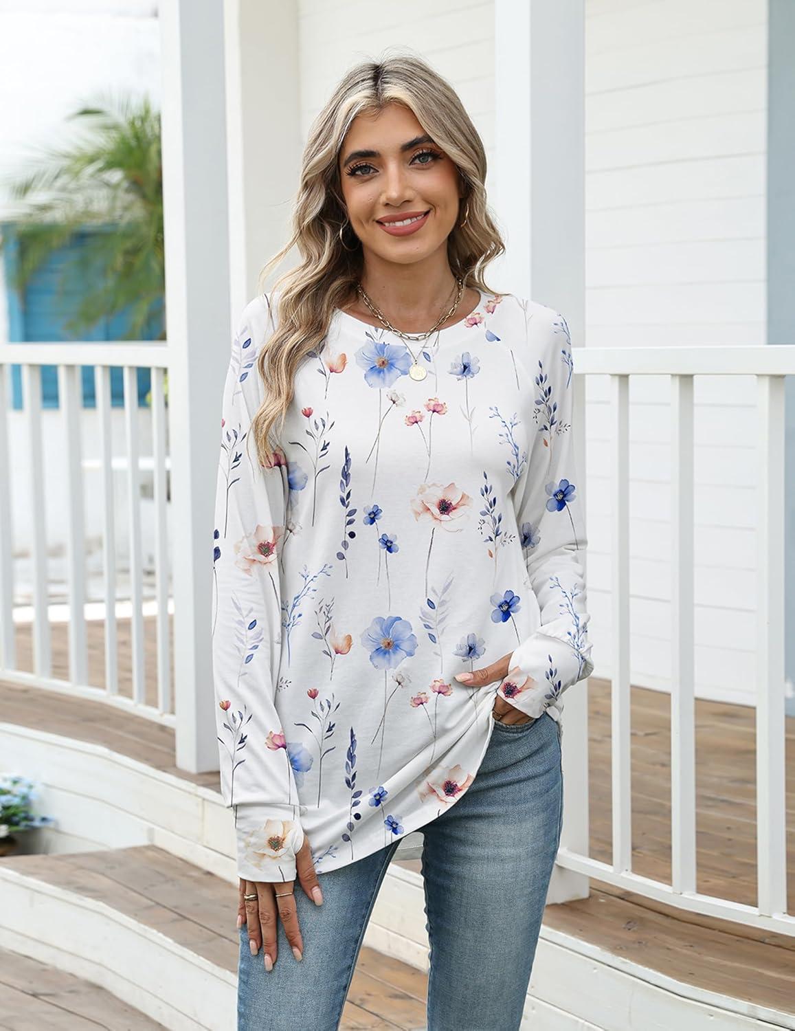 imageZeagoo Womens Casual Long Sleeve Shirts Crew Neck Round Hem Loose TShirts Tunic Tops with Thumb HolesFloral White