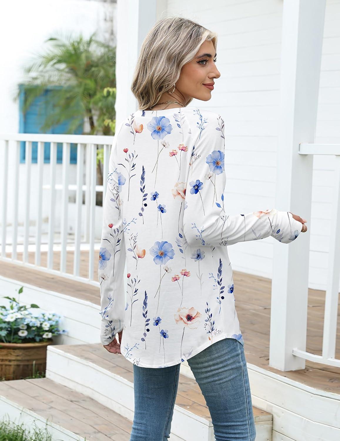 imageZeagoo Womens Casual Long Sleeve Shirts Crew Neck Round Hem Loose TShirts Tunic Tops with Thumb HolesFloral White
