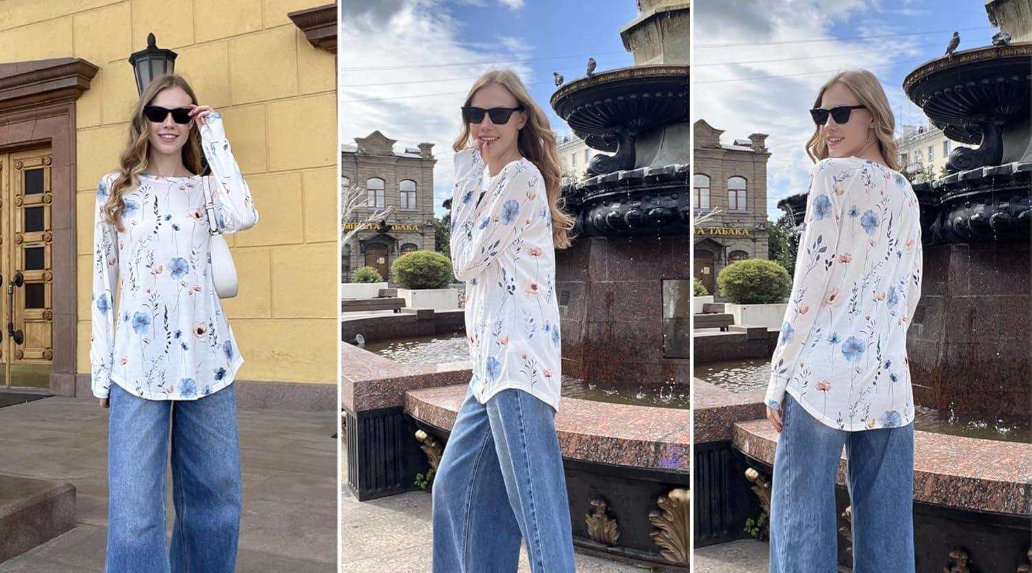 imageZeagoo Womens Casual Long Sleeve Shirts Crew Neck Round Hem Loose TShirts Tunic Tops with Thumb HolesFloral White