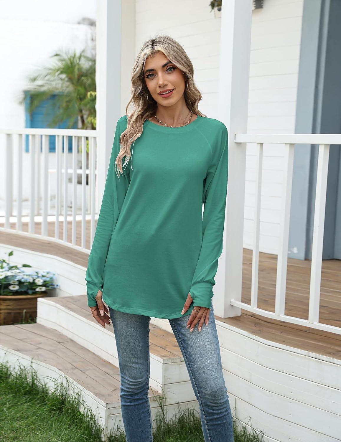 imageZeagoo Womens Casual Long Sleeve Shirts Crew Neck Round Hem Loose TShirts Tunic Tops with Thumb HolesGreen