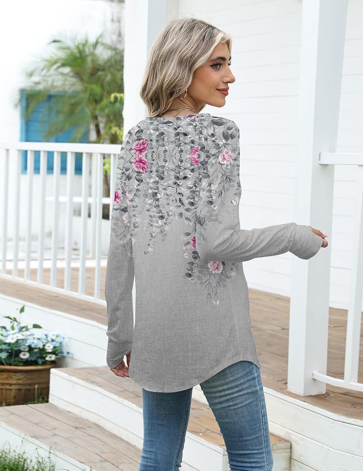 imageZeagoo Womens Casual Long Sleeve Shirts Crew Neck Round Hem Loose TShirts Tunic Tops with Thumb HolesGrey Print