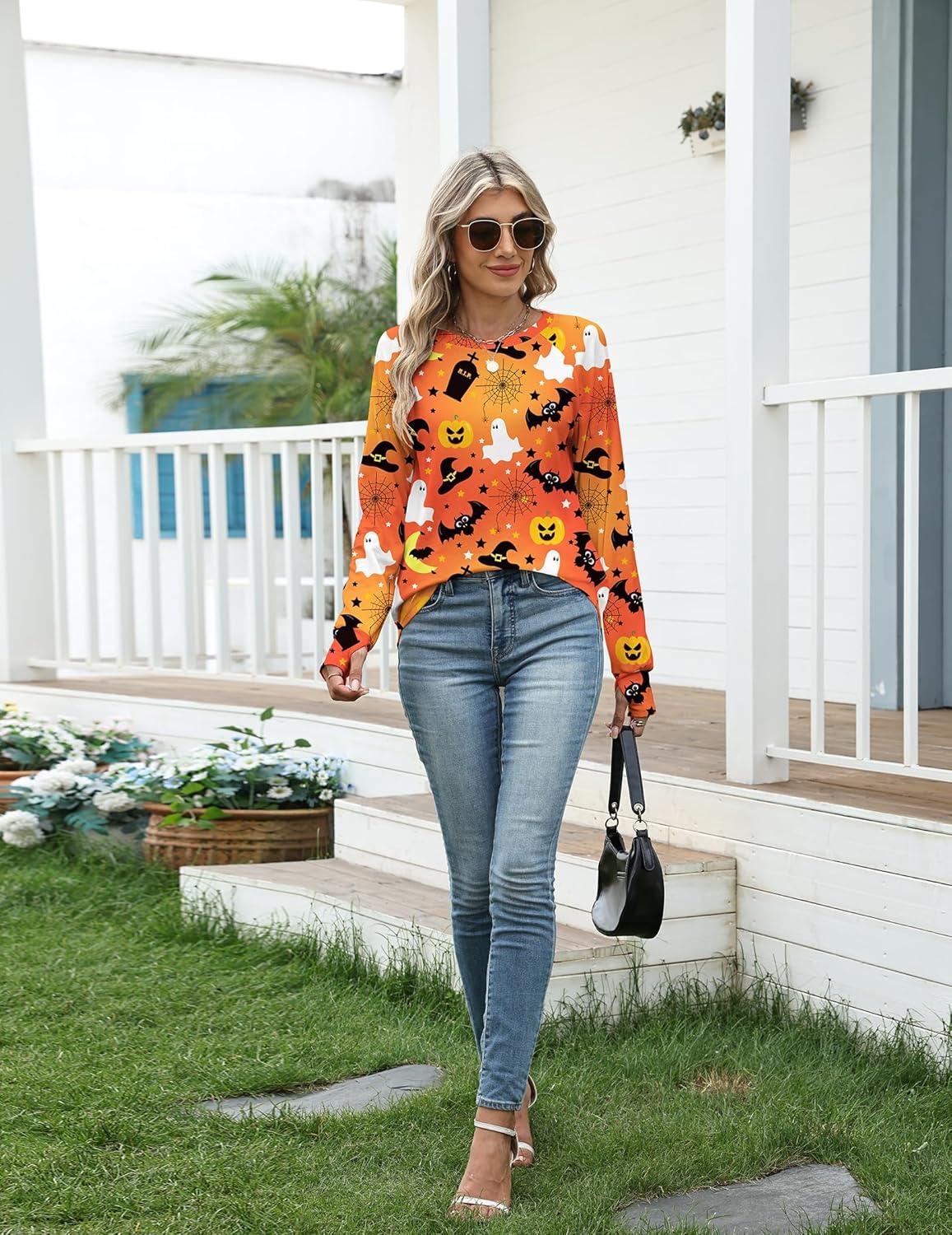 imageZeagoo Womens Casual Long Sleeve Shirts Crew Neck Round Hem Loose TShirts Tunic Tops with Thumb HolesHalloween Bats