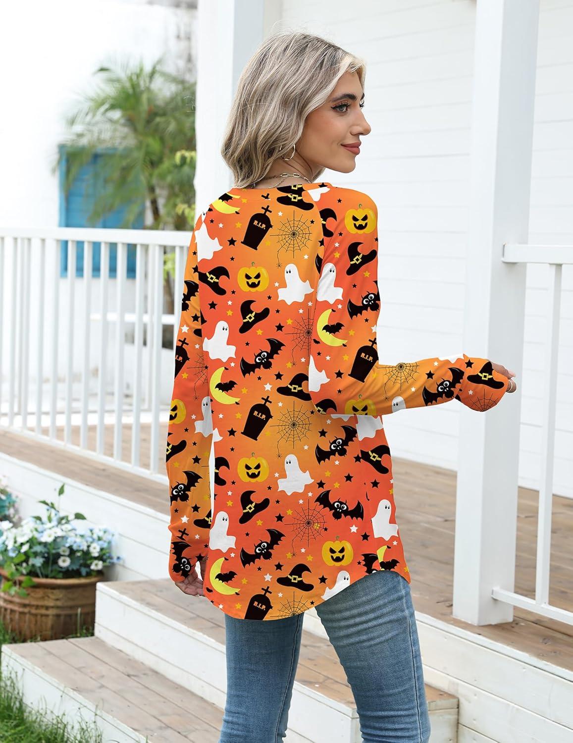 imageZeagoo Womens Casual Long Sleeve Shirts Crew Neck Round Hem Loose TShirts Tunic Tops with Thumb HolesHalloween Bats