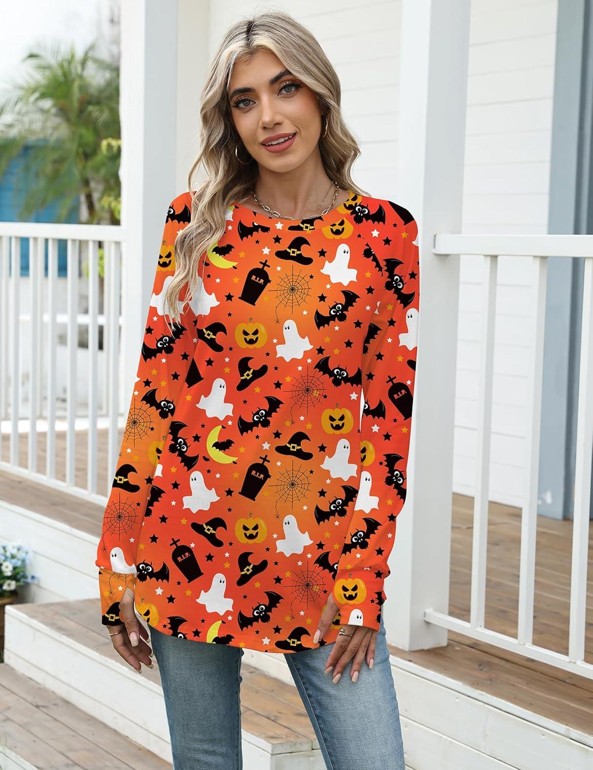 imageZeagoo Womens Casual Long Sleeve Shirts Crew Neck Round Hem Loose TShirts Tunic Tops with Thumb HolesHalloween Bats