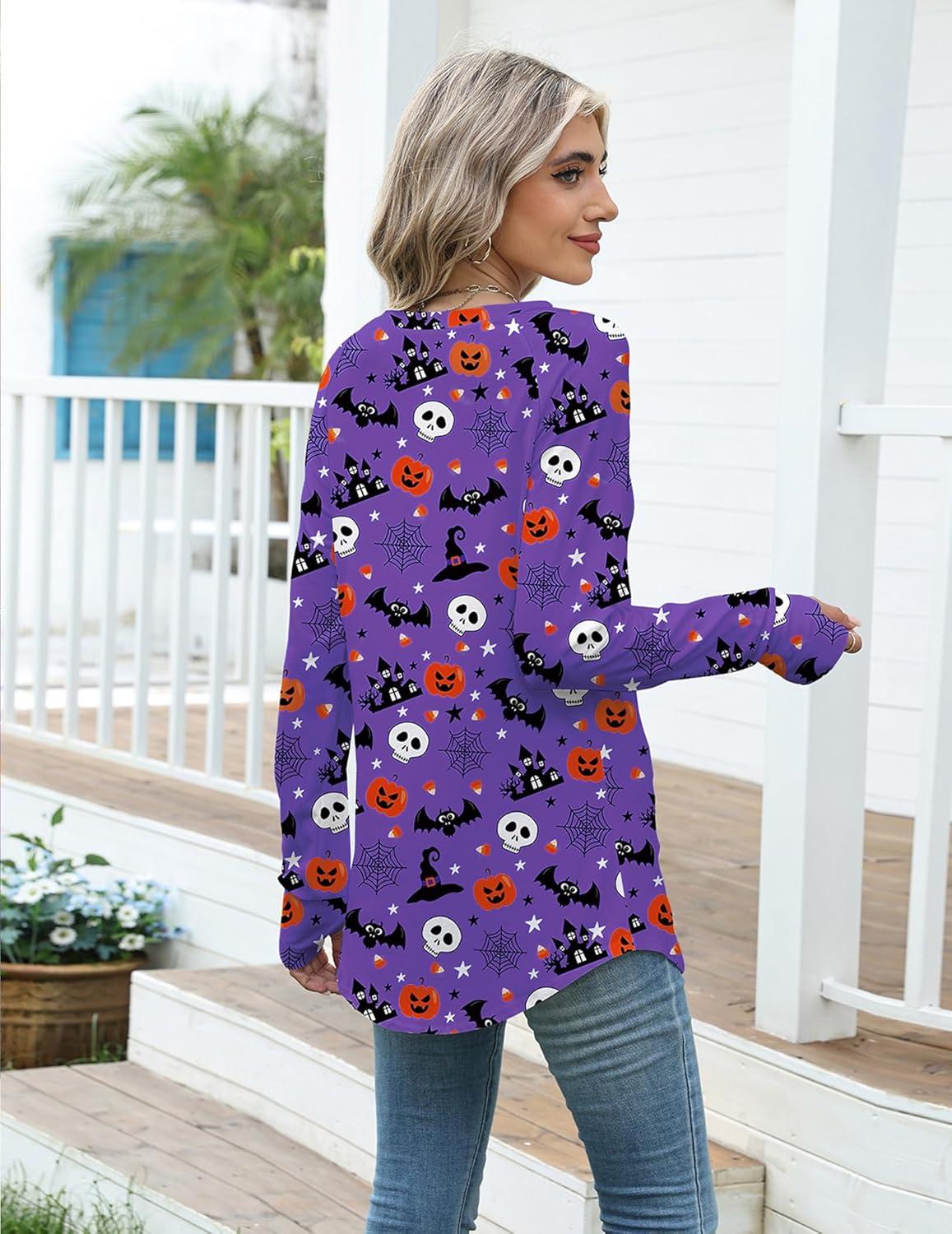 imageZeagoo Womens Casual Long Sleeve Shirts Crew Neck Round Hem Loose TShirts Tunic Tops with Thumb HolesHalloween Purple