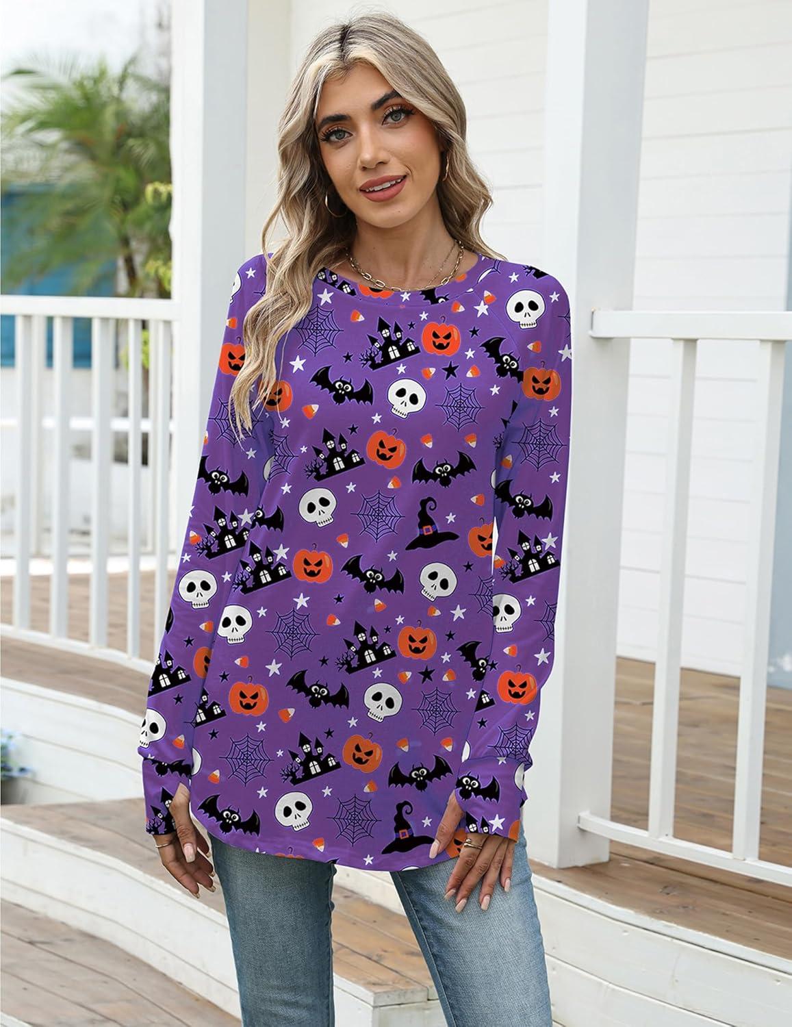 imageZeagoo Womens Casual Long Sleeve Shirts Crew Neck Round Hem Loose TShirts Tunic Tops with Thumb HolesHalloween Purple