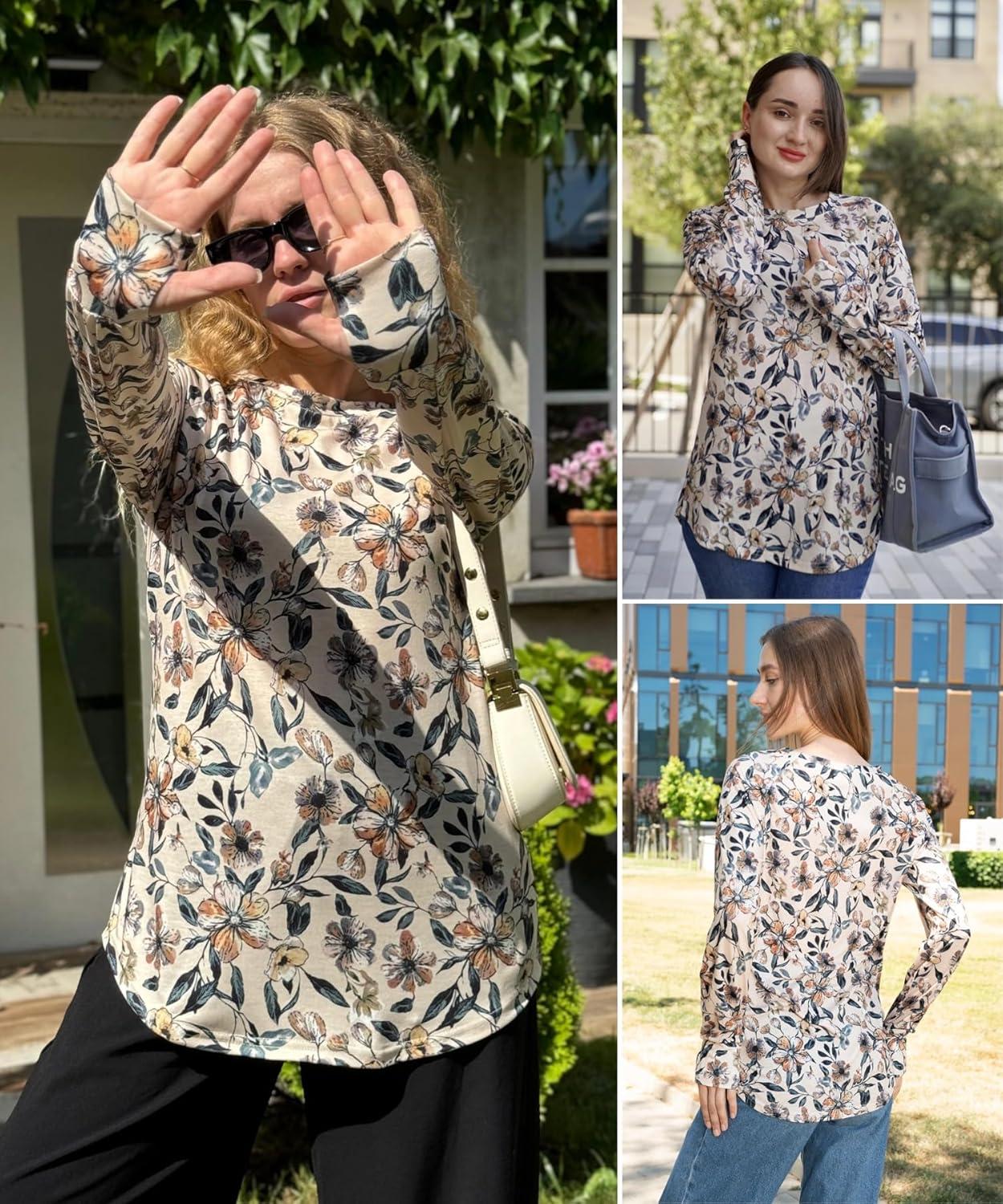 imageZeagoo Womens Casual Long Sleeve Shirts Crew Neck Round Hem Loose TShirts Tunic Tops with Thumb HolesKhaki Floral