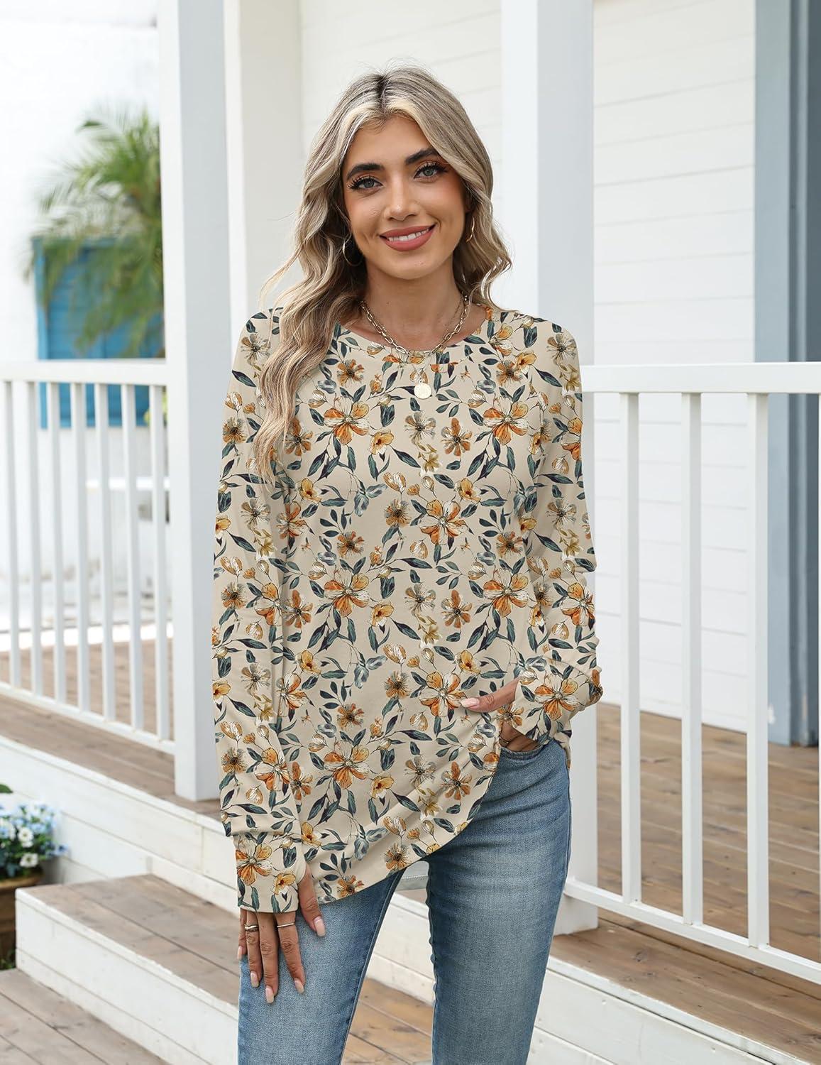 imageZeagoo Womens Casual Long Sleeve Shirts Crew Neck Round Hem Loose TShirts Tunic Tops with Thumb HolesKhaki Floral