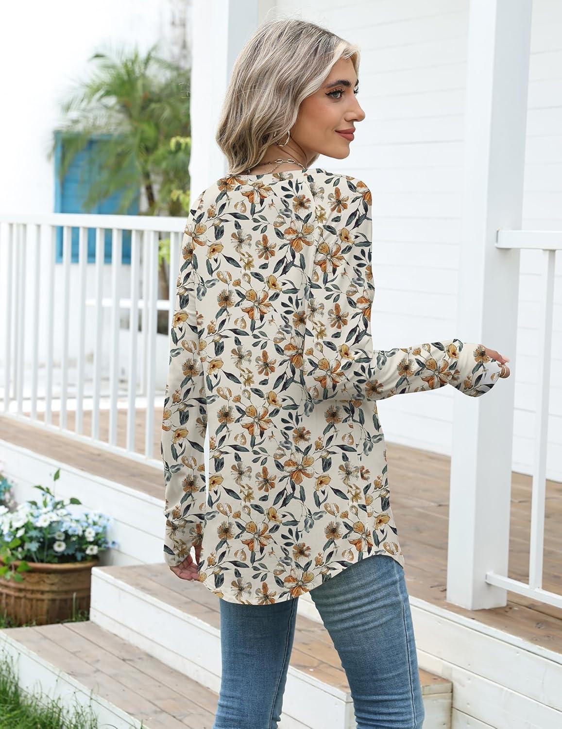 imageZeagoo Womens Casual Long Sleeve Shirts Crew Neck Round Hem Loose TShirts Tunic Tops with Thumb HolesKhaki Floral