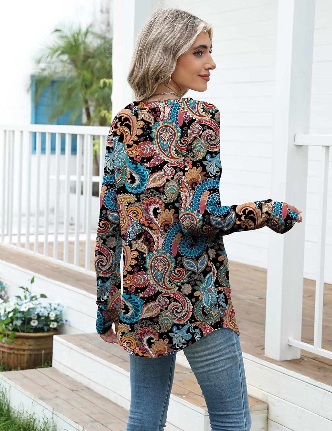 imageZeagoo Womens Casual Long Sleeve Shirts Crew Neck Round Hem Loose TShirts Tunic Tops with Thumb HolesMulticolored Paisley