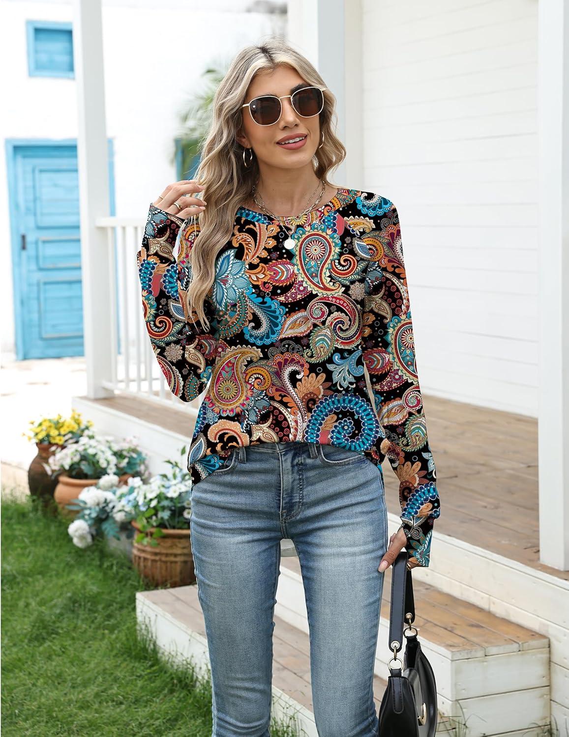 imageZeagoo Womens Casual Long Sleeve Shirts Crew Neck Round Hem Loose TShirts Tunic Tops with Thumb HolesMulticolored Paisley