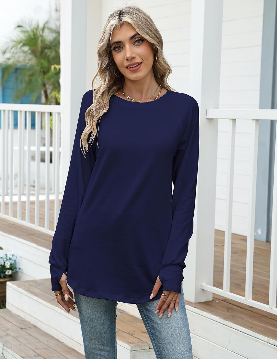 imageZeagoo Womens Casual Long Sleeve Shirts Crew Neck Round Hem Loose TShirts Tunic Tops with Thumb HolesNavy Blue