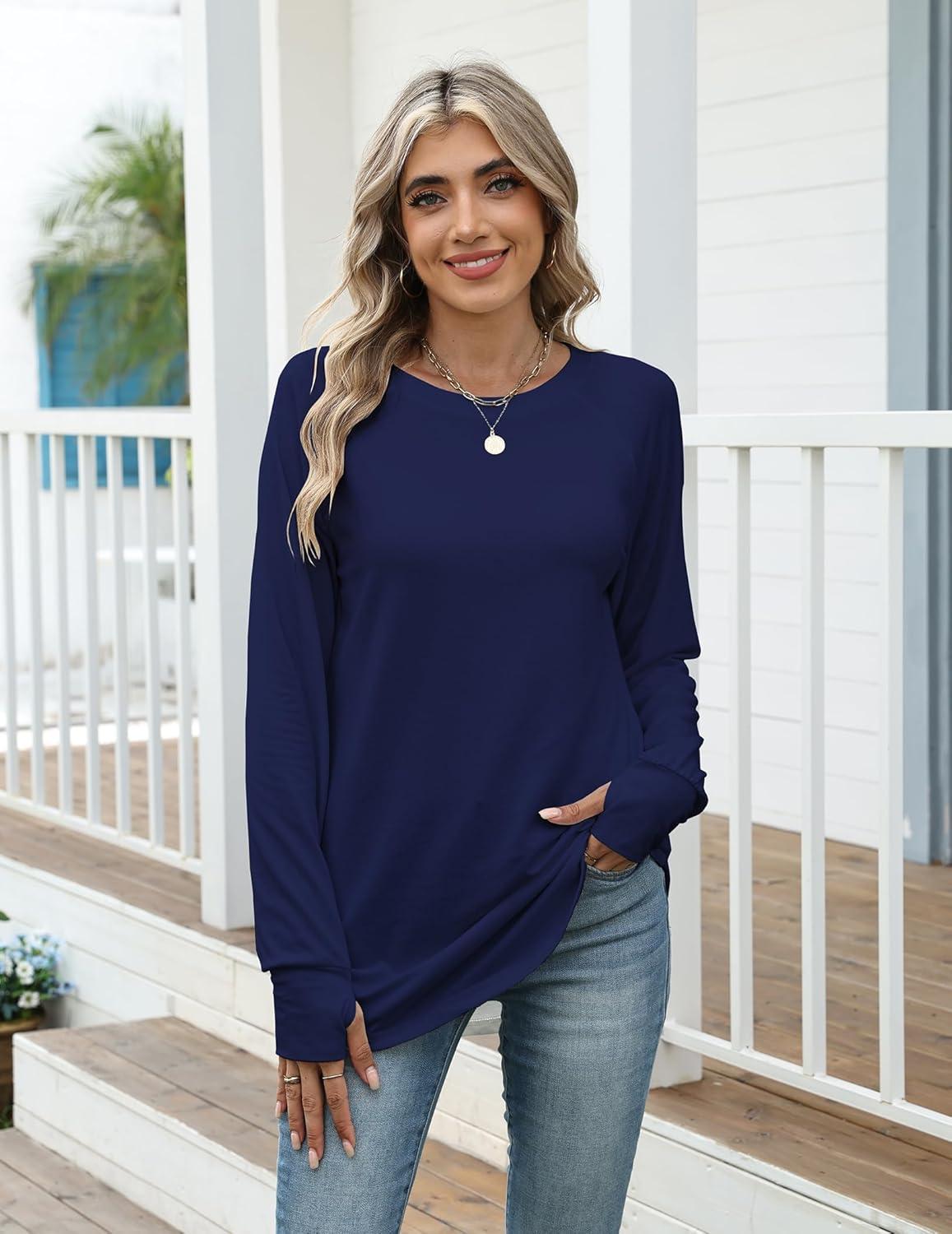 imageZeagoo Womens Casual Long Sleeve Shirts Crew Neck Round Hem Loose TShirts Tunic Tops with Thumb HolesNavy Blue
