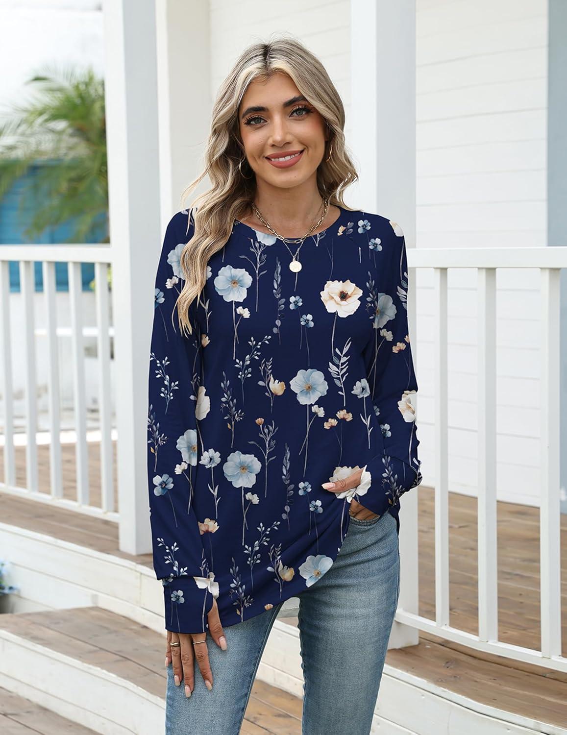 imageZeagoo Womens Casual Long Sleeve Shirts Crew Neck Round Hem Loose TShirts Tunic Tops with Thumb HolesNavy Floral