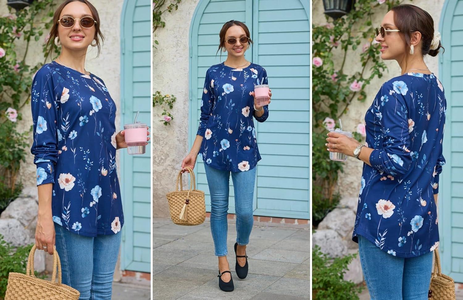 imageZeagoo Womens Casual Long Sleeve Shirts Crew Neck Round Hem Loose TShirts Tunic Tops with Thumb HolesNavy Floral