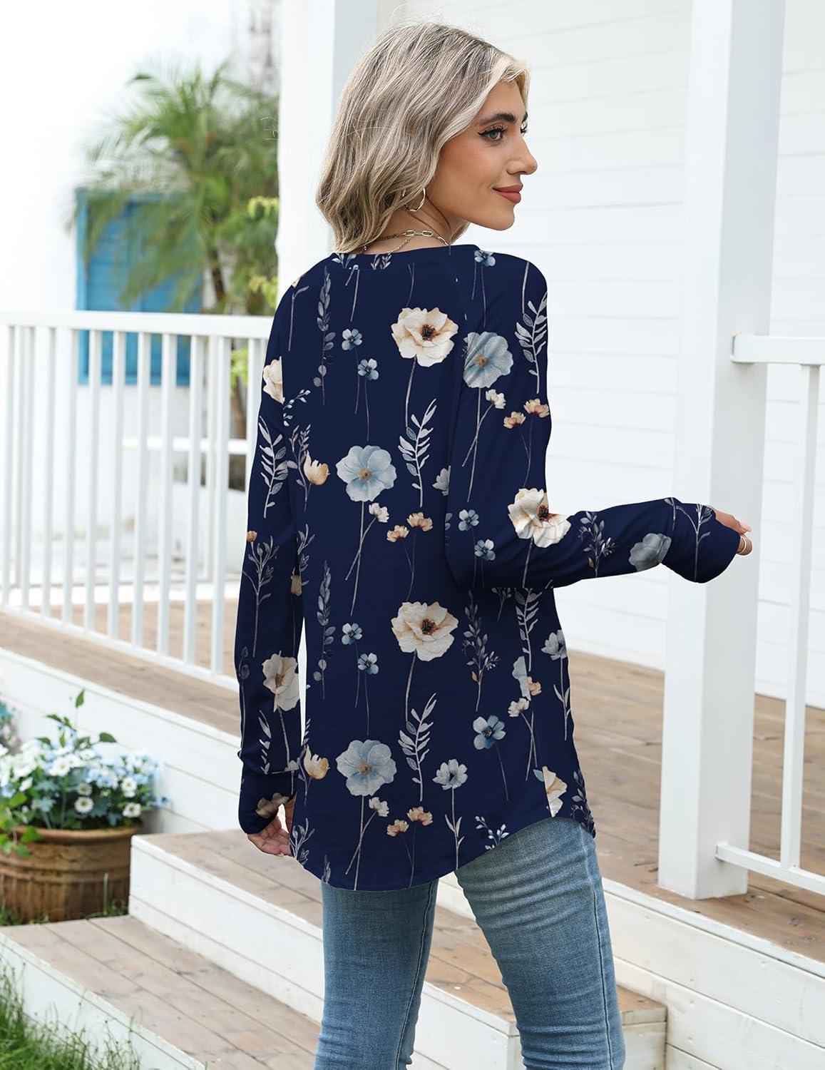 imageZeagoo Womens Casual Long Sleeve Shirts Crew Neck Round Hem Loose TShirts Tunic Tops with Thumb HolesNavy Floral
