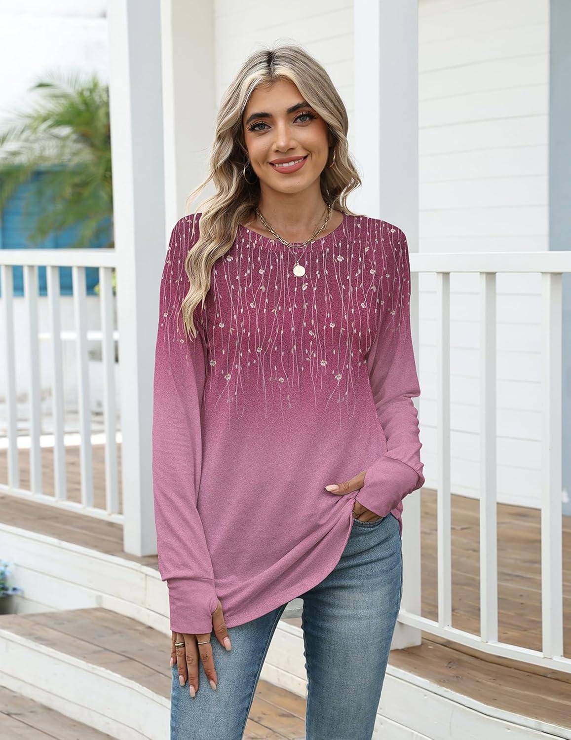 imageZeagoo Womens Casual Long Sleeve Shirts Crew Neck Round Hem Loose TShirts Tunic Tops with Thumb HolesPurple Willow