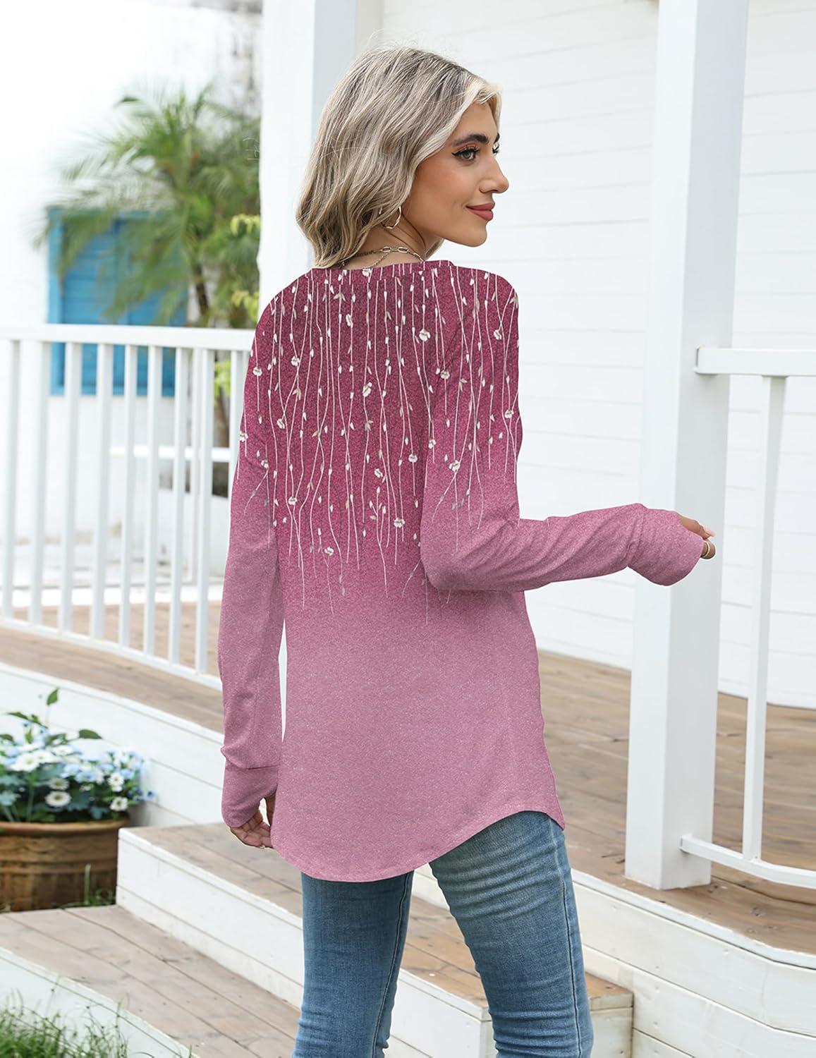 imageZeagoo Womens Casual Long Sleeve Shirts Crew Neck Round Hem Loose TShirts Tunic Tops with Thumb HolesPurple Willow