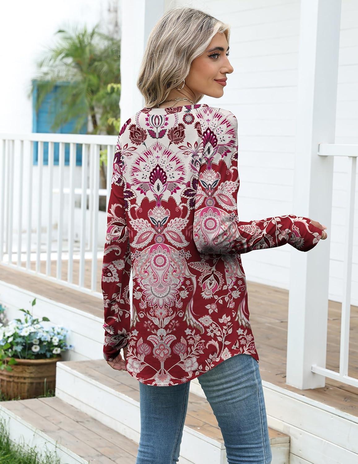 imageZeagoo Womens Casual Long Sleeve Shirts Crew Neck Round Hem Loose TShirts Tunic Tops with Thumb HolesRed Print