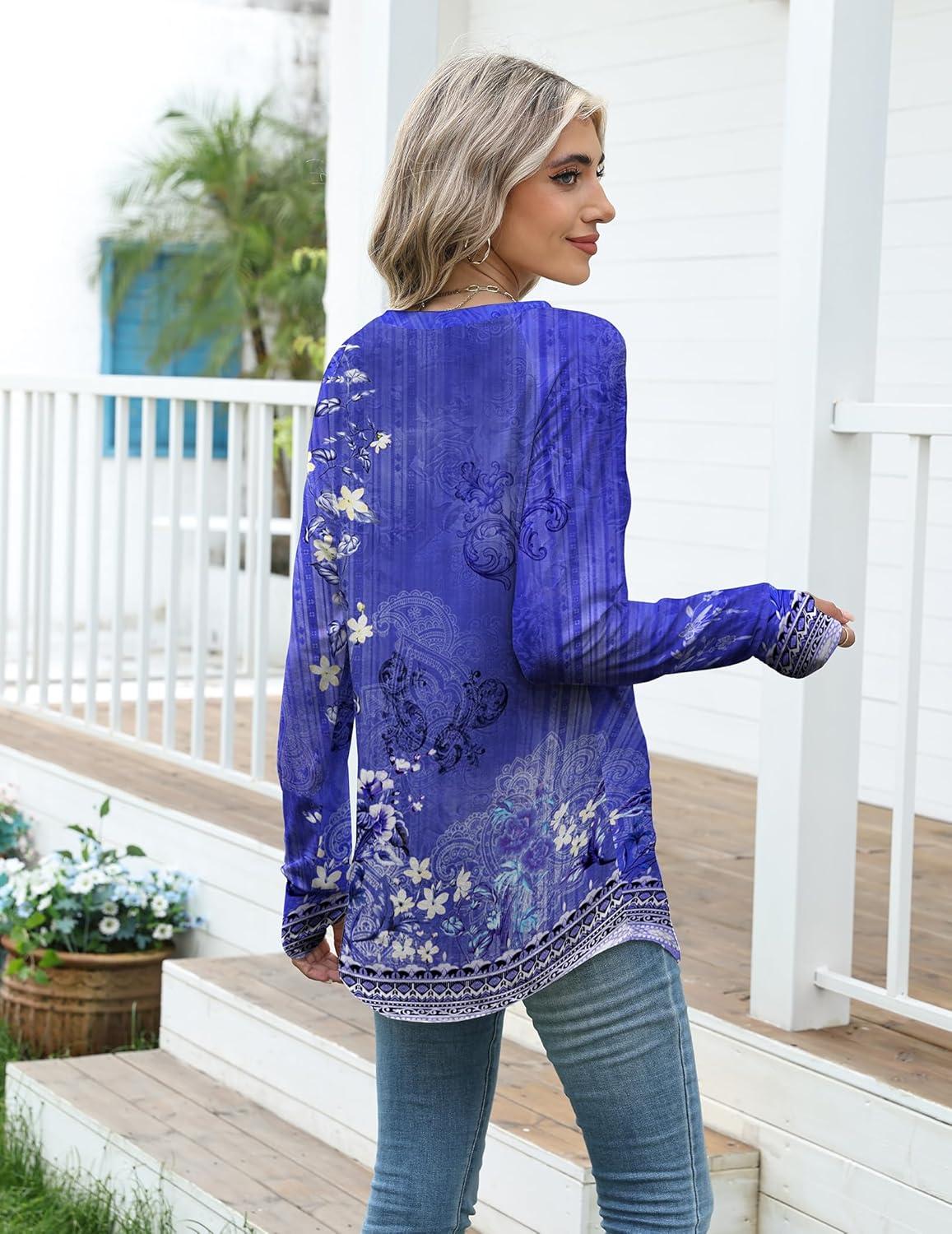 imageZeagoo Womens Casual Long Sleeve Shirts Crew Neck Round Hem Loose TShirts Tunic Tops with Thumb HolesViolet Print