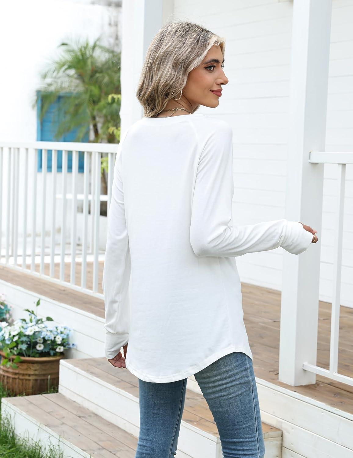 imageZeagoo Womens Casual Long Sleeve Shirts Crew Neck Round Hem Loose TShirts Tunic Tops with Thumb HolesWhite