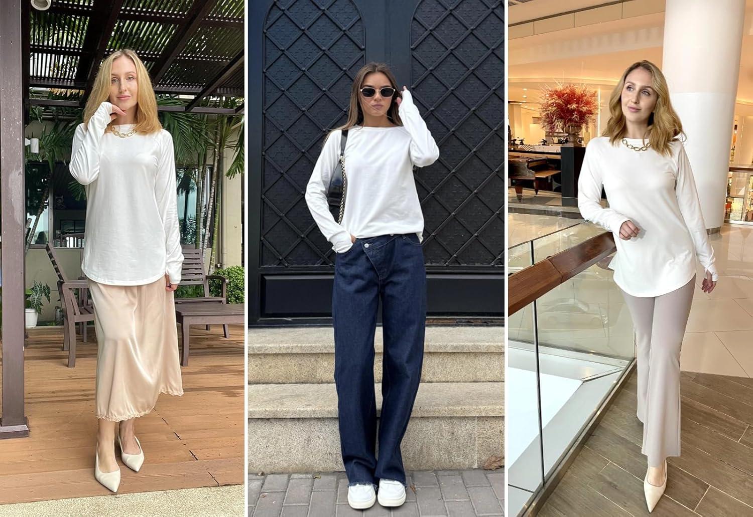 imageZeagoo Womens Casual Long Sleeve Shirts Crew Neck Round Hem Loose TShirts Tunic Tops with Thumb HolesWhite