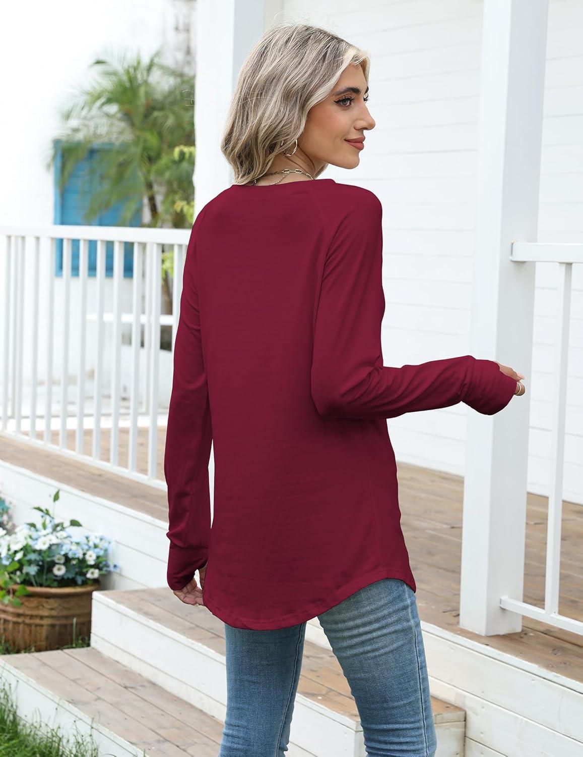 imageZeagoo Womens Casual Long Sleeve Shirts Crew Neck Round Hem Loose TShirts Tunic Tops with Thumb HolesWine Red