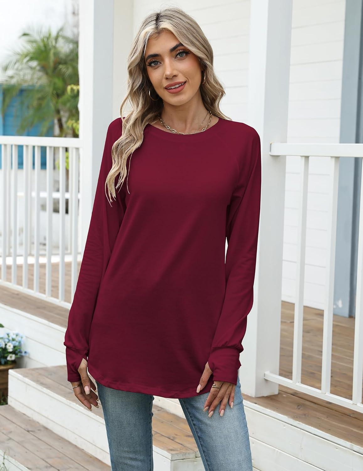 imageZeagoo Womens Casual Long Sleeve Shirts Crew Neck Round Hem Loose TShirts Tunic Tops with Thumb HolesWine Red