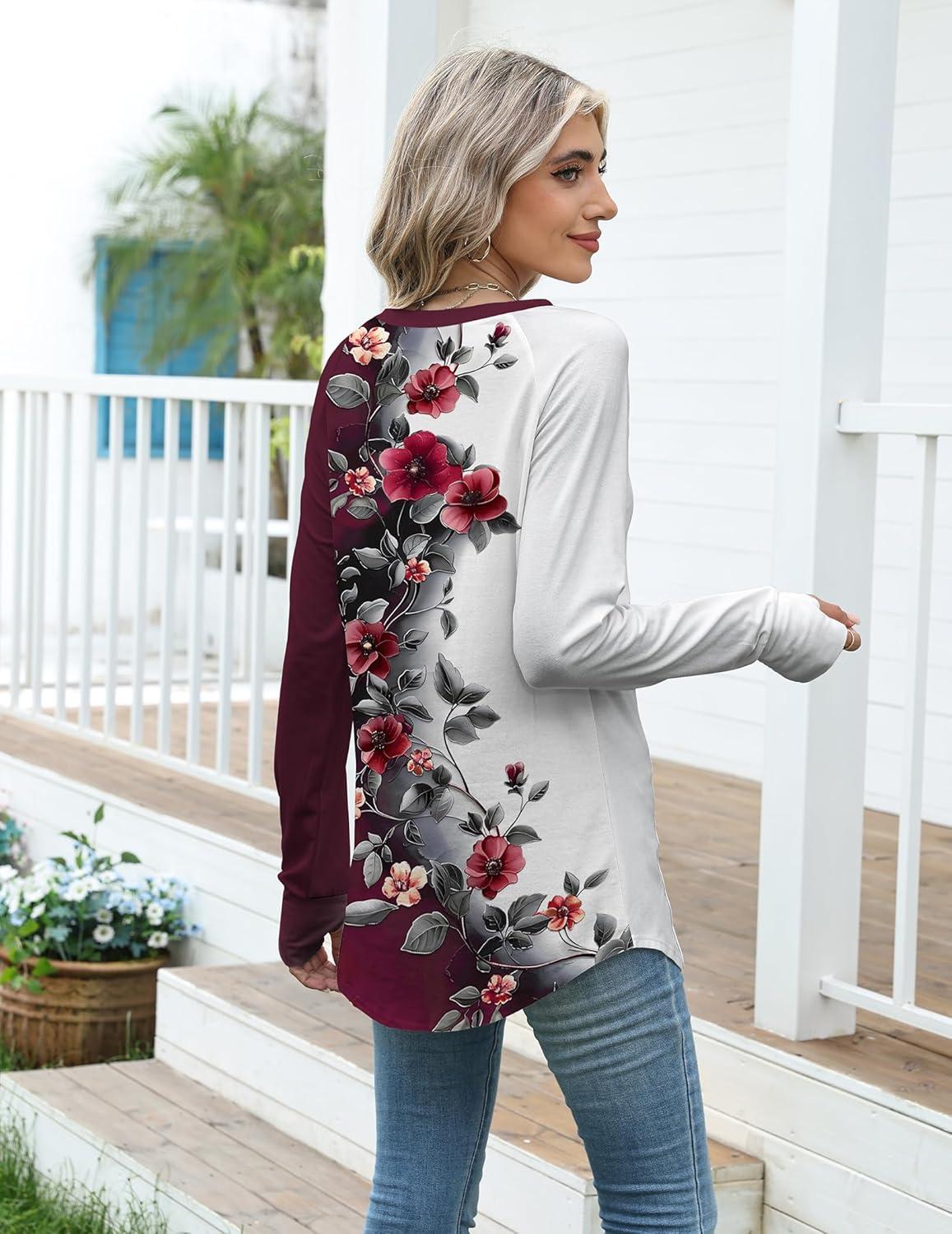 imageZeagoo Womens Casual Long Sleeve Shirts Crew Neck Round Hem Loose TShirts Tunic Tops with Thumb HolesWine Rose