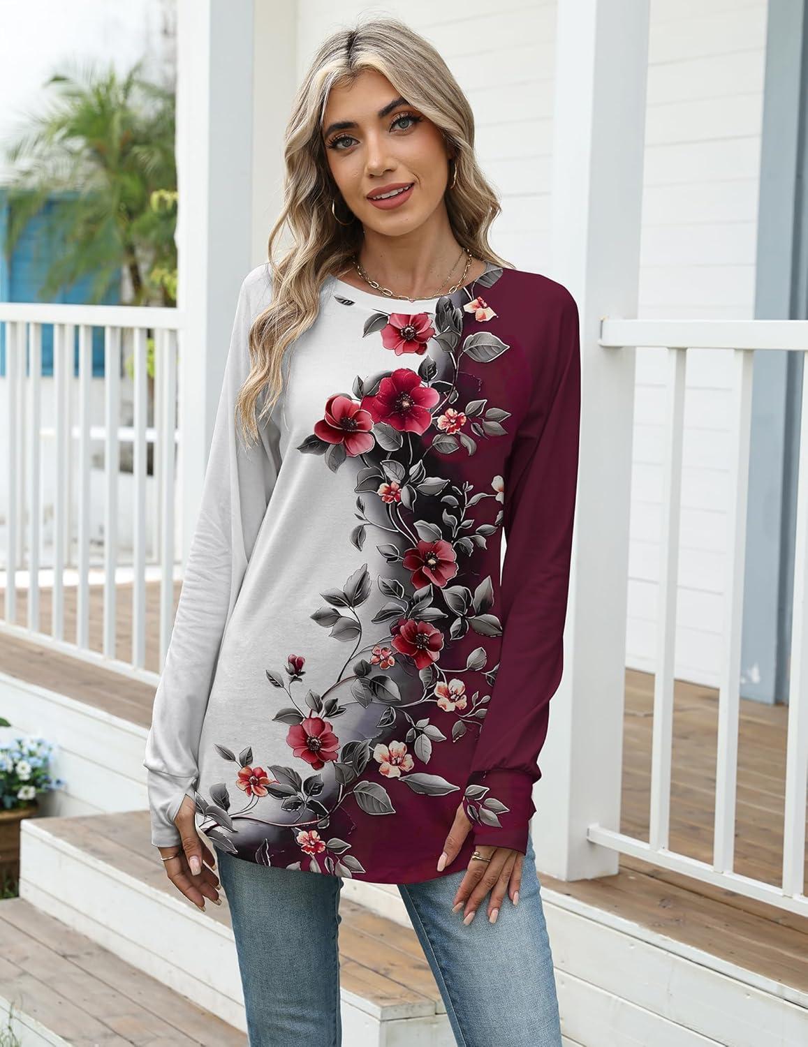 imageZeagoo Womens Casual Long Sleeve Shirts Crew Neck Round Hem Loose TShirts Tunic Tops with Thumb HolesWine Rose