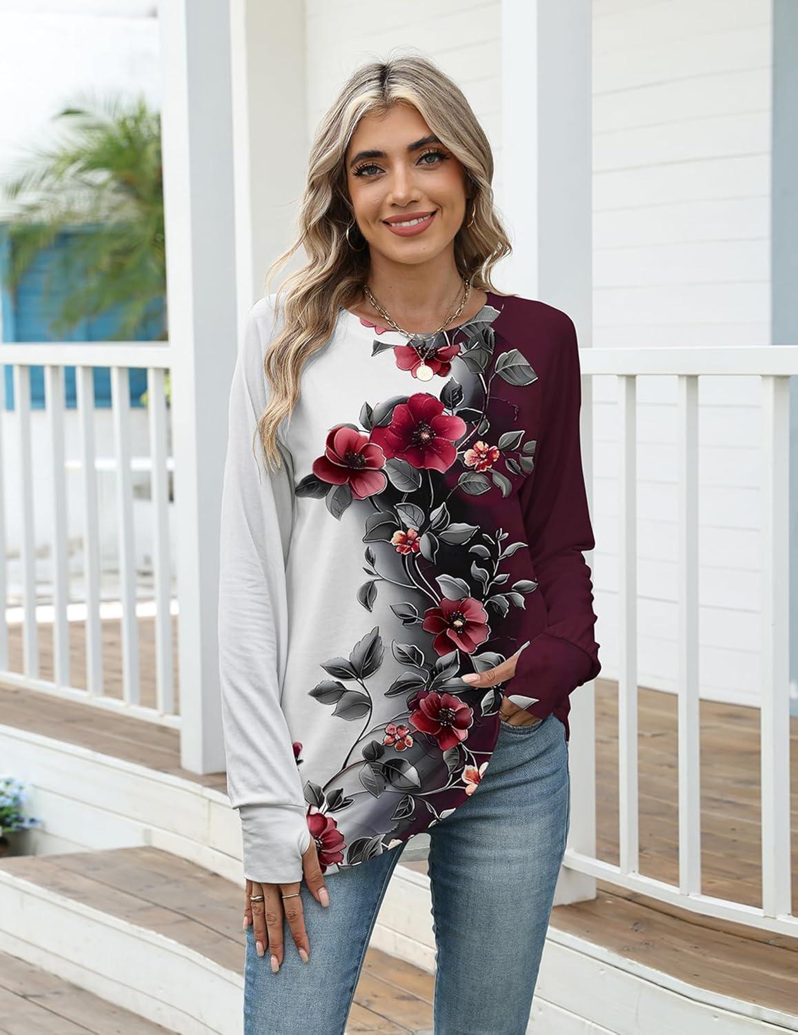 imageZeagoo Womens Casual Long Sleeve Shirts Crew Neck Round Hem Loose TShirts Tunic Tops with Thumb HolesWine Rose