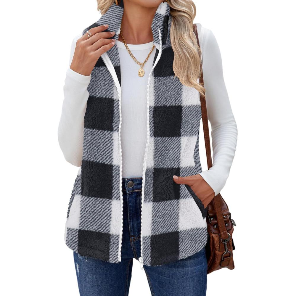 imageZeagoo Vest For Women Sleeveless Sherpa Fleece Jackets Lightweight Zip Up Fall Winter Coats With PocketsBlack White Plaid