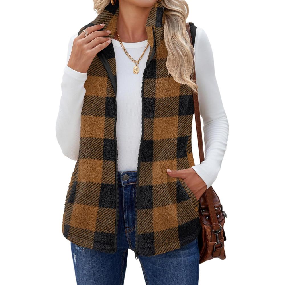 imageZeagoo Vest For Women Sleeveless Sherpa Fleece Jackets Lightweight Zip Up Fall Winter Coats With PocketsBrown Plaid