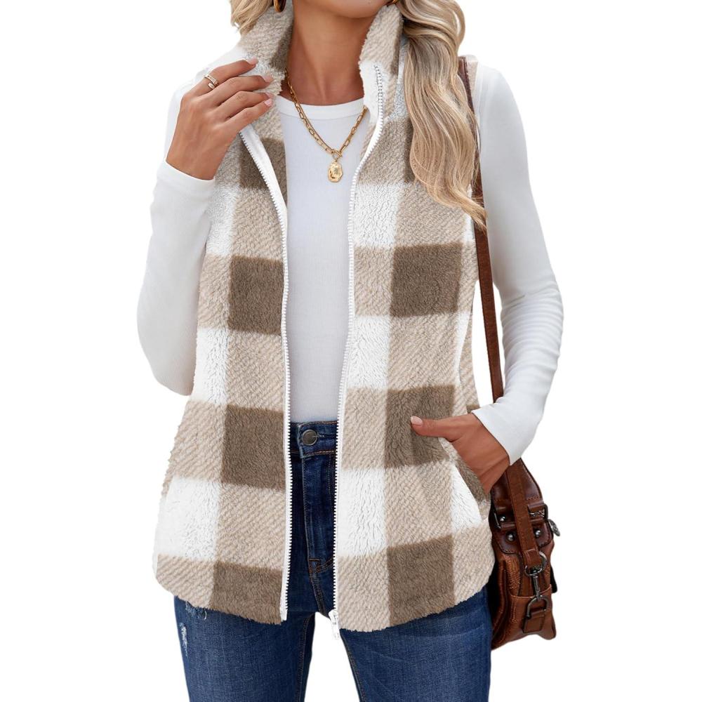 imageZeagoo Vest For Women Sleeveless Sherpa Fleece Jackets Lightweight Zip Up Fall Winter Coats With PocketsKhaki White Plaid