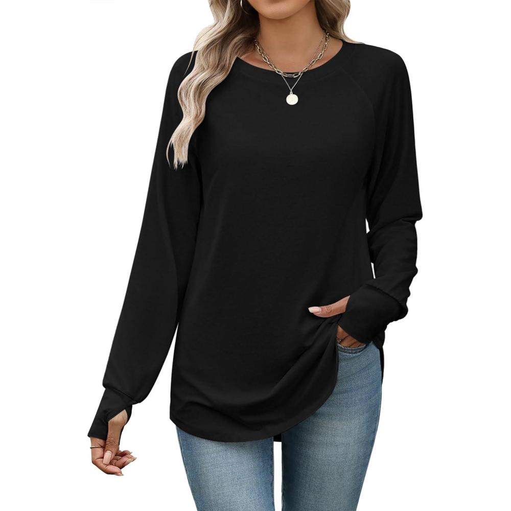 imageZeagoo Womens Casual Long Sleeve Shirts Crew Neck Round Hem Loose TShirts Tunic Tops with Thumb HolesBlack