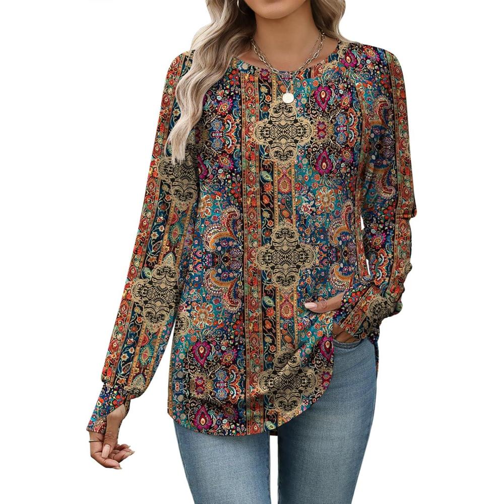 imageZeagoo Womens Casual Long Sleeve Shirts Crew Neck Round Hem Loose TShirts Tunic Tops with Thumb HolesBoho