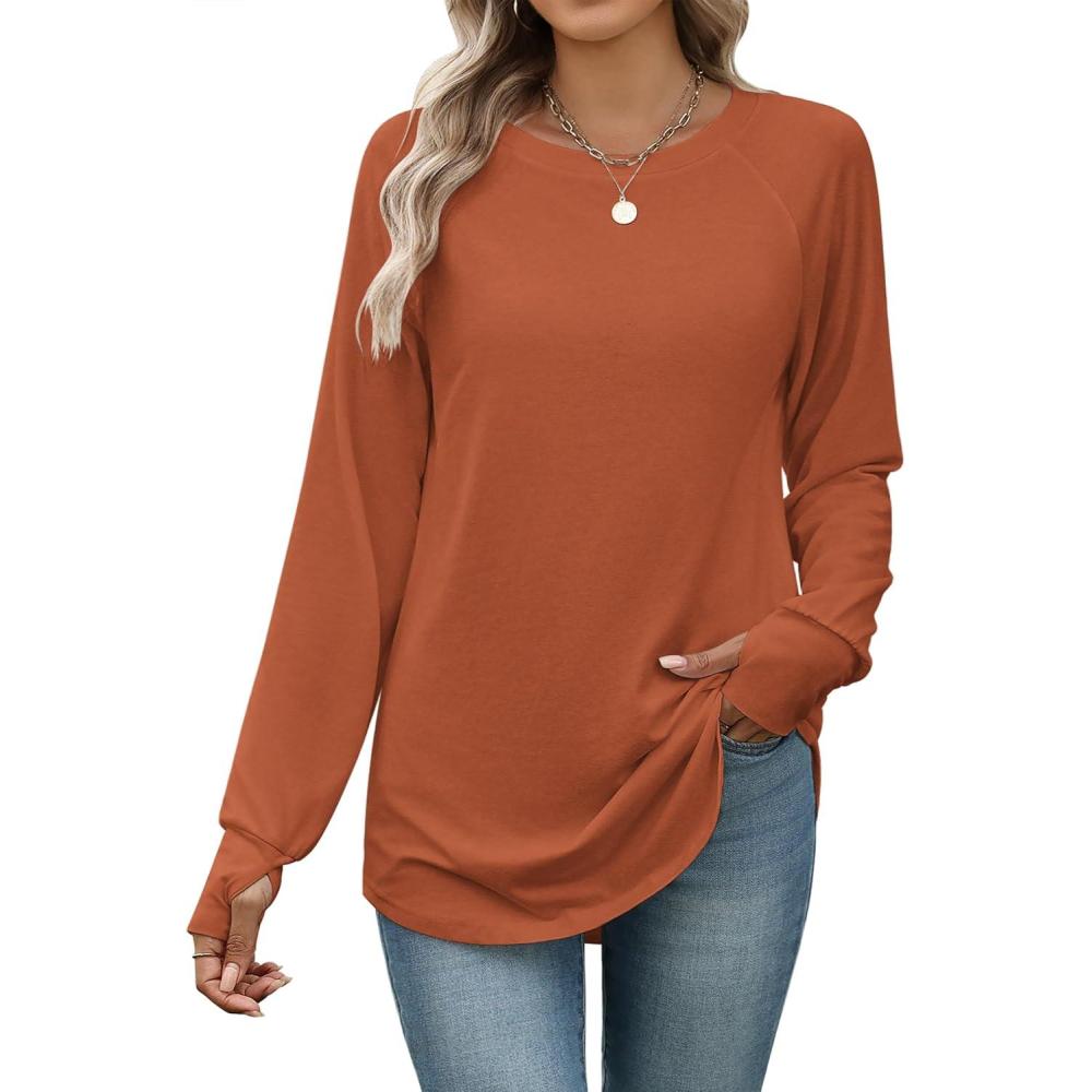 imageZeagoo Womens Casual Long Sleeve Shirts Crew Neck Round Hem Loose TShirts Tunic Tops with Thumb HolesCaramel