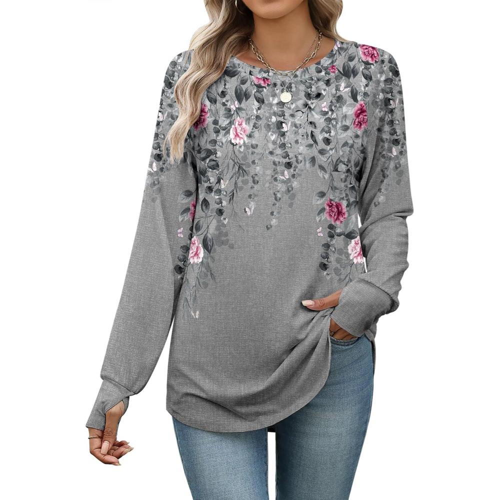 imageZeagoo Womens Casual Long Sleeve Shirts Crew Neck Round Hem Loose TShirts Tunic Tops with Thumb HolesGrey Print