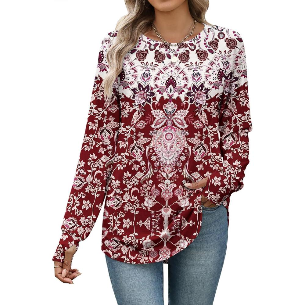 imageZeagoo Womens Casual Long Sleeve Shirts Crew Neck Round Hem Loose TShirts Tunic Tops with Thumb HolesRed Print