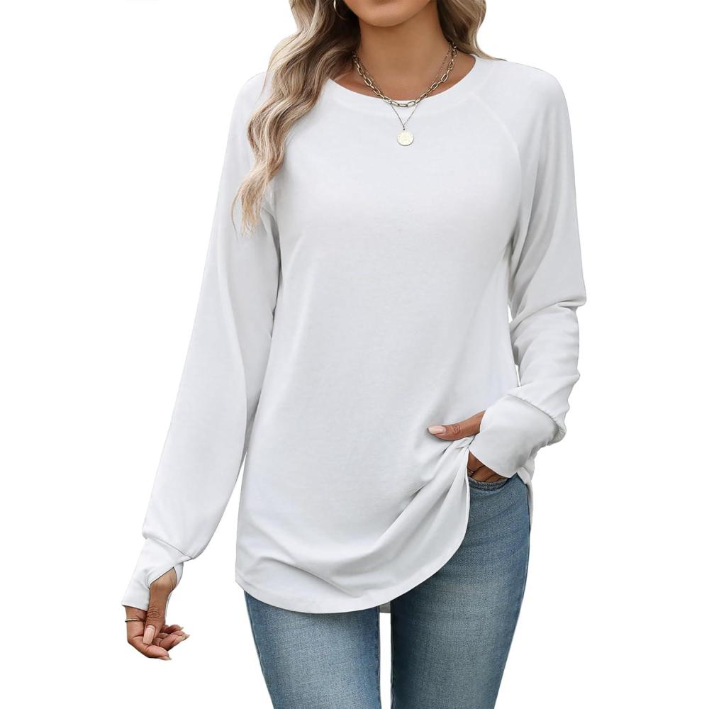 imageZeagoo Womens Casual Long Sleeve Shirts Crew Neck Round Hem Loose TShirts Tunic Tops with Thumb HolesWhite