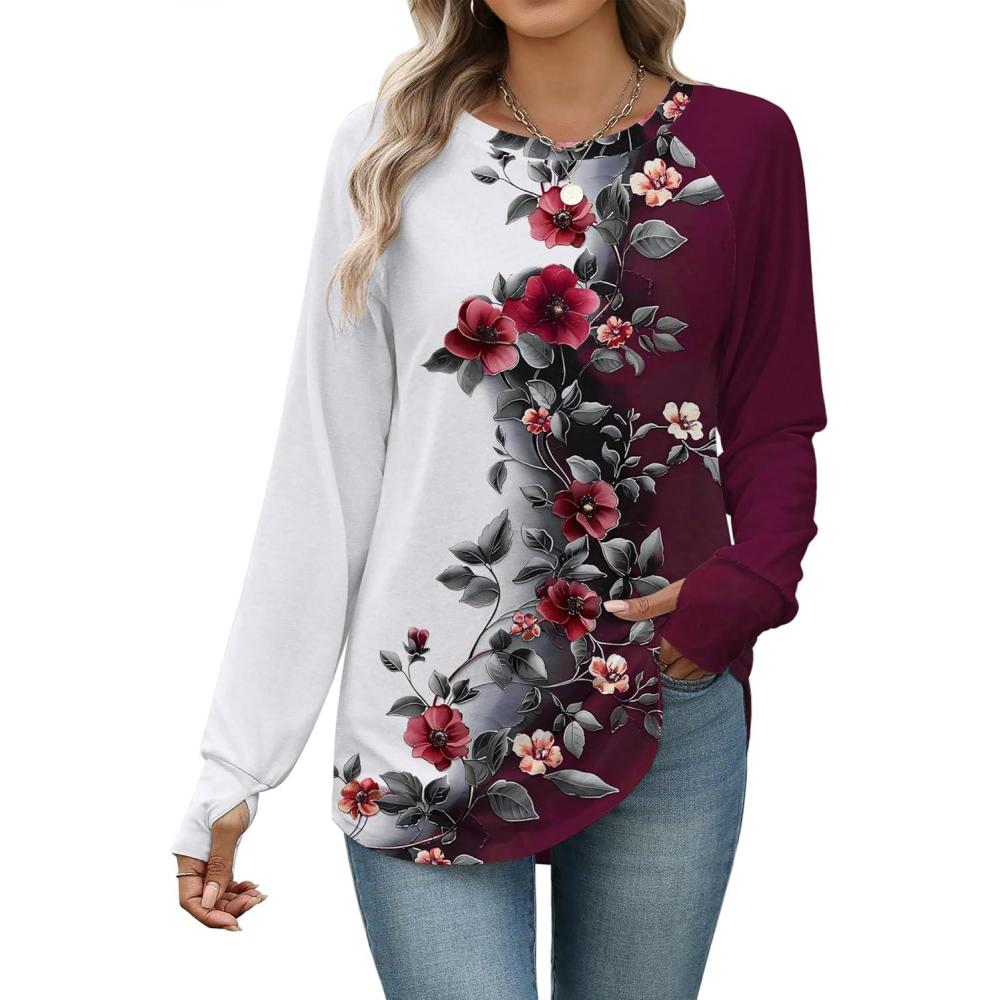 imageZeagoo Womens Casual Long Sleeve Shirts Crew Neck Round Hem Loose TShirts Tunic Tops with Thumb HolesWine Rose