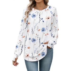 imageZeagoo Womens Casual Long Sleeve Shirts Crew Neck Round Hem Loose TShirts Tunic Tops with Thumb HolesFloral White
