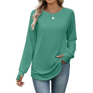 imageZeagoo Womens Casual Long Sleeve Shirts Crew Neck Round Hem Loose TShirts Tunic Tops with Thumb HolesGreen